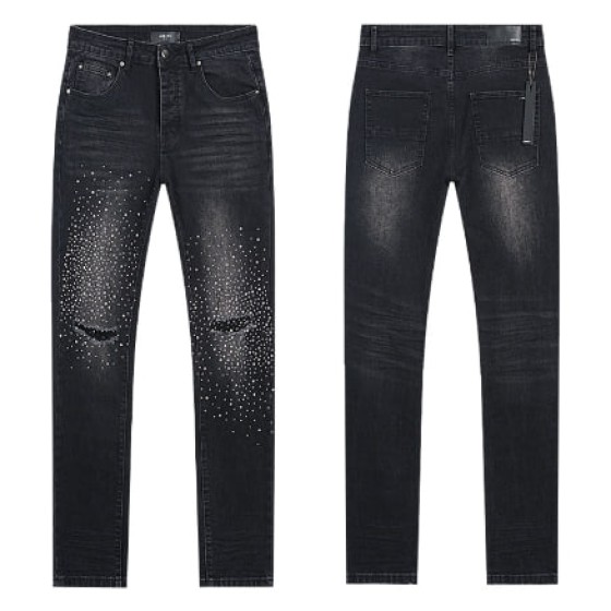 Black Washed Denim Jeans with Rhinestone Star Pattern and Distressing
